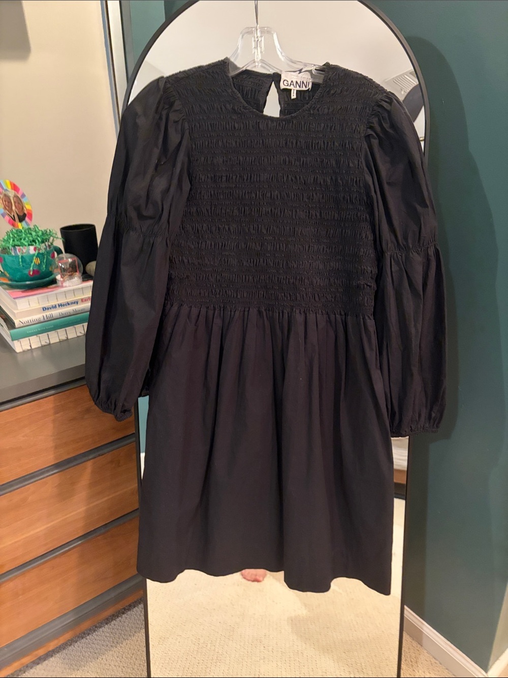 Ganni Black Smocked Bodice Puff Sleeve Dress